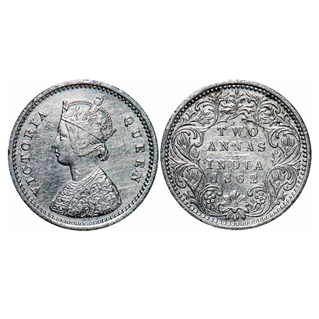 Victoria Queen, Silver, 2 Annas, 1862, Bombay Mint, A/I, Bottom flower center top petal br