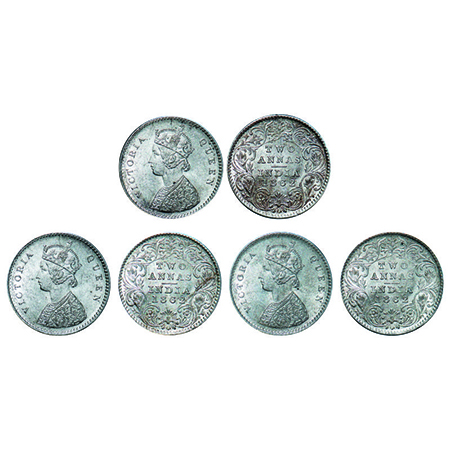 Victoria Queen, Silver, 2 Annas, (3 coins), 1862, Calcutta Mint, A/I, Bottom flower centre