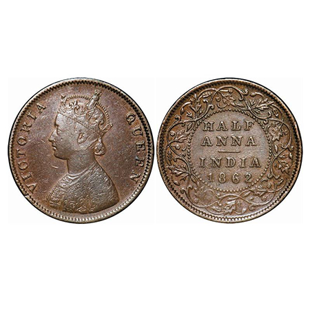 Victoria Queen, Copper, Half Anna, 1862, Madras Mint, A/I(i), Flowers with Five dots aroun