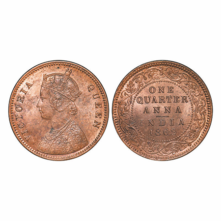 Victoria Queen, Copper, Quarter Anna, 1862, Madras Mint, A/I, No privy mark, No mint mark,