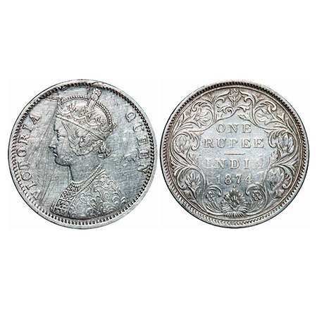 Victoria Queen, Silver, Rupee, 1874, Bombay Mint, A2/II, Dot, Dot above tip of bottom flow