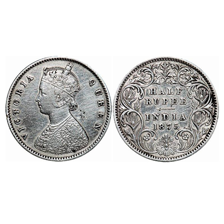 Victoria Queen, Silver, Half Rupee, 1875, Calcutta Mint, A/I, No mint mark. GK 604. Very F