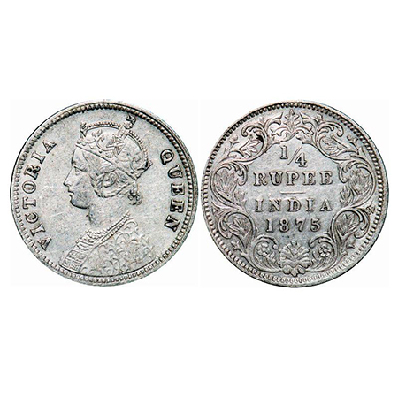 Victoria Queen, Silver, 1/4 Rupee, 1875, Calcutta Mint, 19.28mm, A/I, No mint mark, No C. 