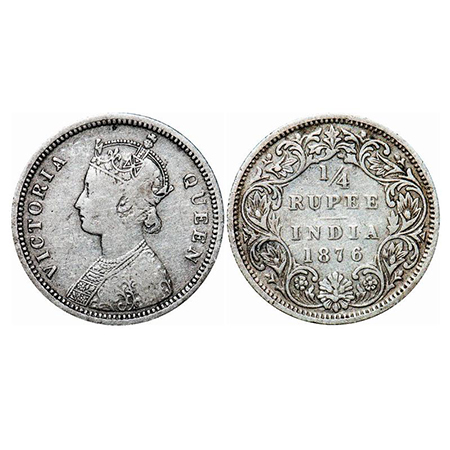 Victoria Queen, Silver, 1/4 Rupee, 1876, Bombay Mint, A/I, No dot. GK 668. Very Fine. Scar