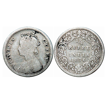 Victoria Queen, Silver, 1/4 Rupee, 1876, Bombay Mint, A/I, No dot. GK 668. Fine. Scarce.