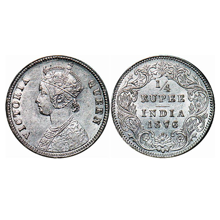 Victoria Queen, Silver, 1/4 Rupee, 1876, Calcutta Mint, A/I, No mint mark, No 'C'. GK 669.