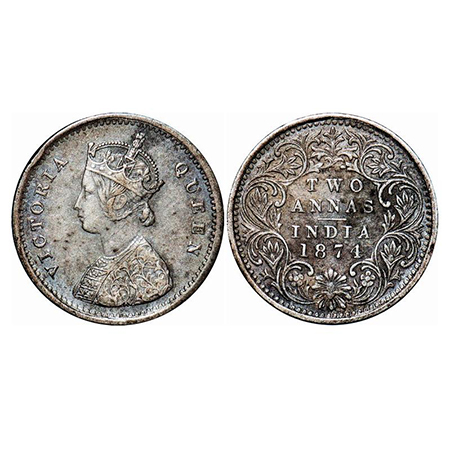 Victoria Queen, Silver, 2 Annas, 1874, Bombay Mint, A/I, No mint mark, No dot. GK 738. Ext