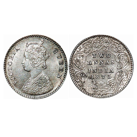 Victoria Queen, Silver, 2 annas, 1875, Calcutta Mint, A / I, no mint mark, F. Prid 489. GK