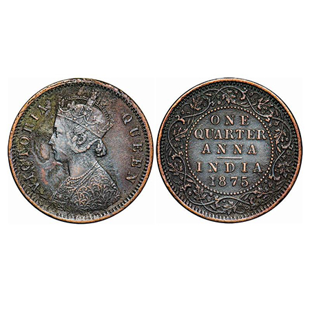 Victoria Queen, Copper, Quarter Anna, 1875, Calcutta Mint, B/II, No mint mark. GK 825. Ver