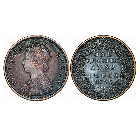 Victoria Queen, Copper, Quarter Anna, 1876, Calcutta Mint, B/II, No mint mark. GK 827. Ext