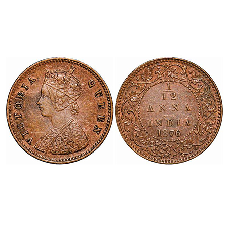 Victoria Queen, Copper, 1/12 Anna, 1876, Calcutta Mint, Obv A, No mint mark. GK 888. About