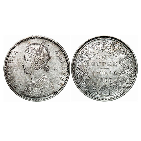 Victoria Empress, Silver, Rupee, 1877, Bombay Mint, A3/II, Dot. GK 437. Extremely Fine+. S