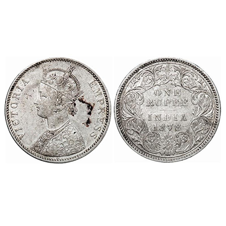 Victoria Empress, Silver, Rupee, 1878, Bombay Mint, A3/I, Dot. GK 454. About Uncirculated.