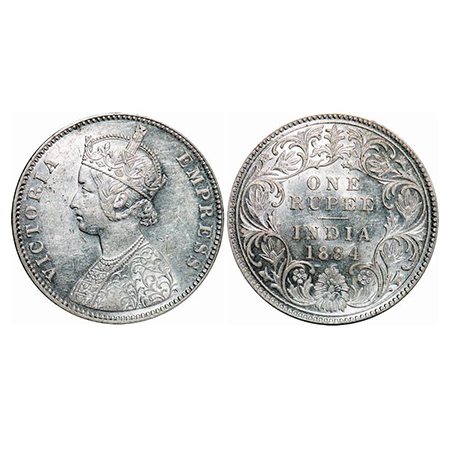 Victoria Empress, Silver, Rupee, 1884, Bombay Mint, A3/I, 'B' raised. GK 489. About Uncirc