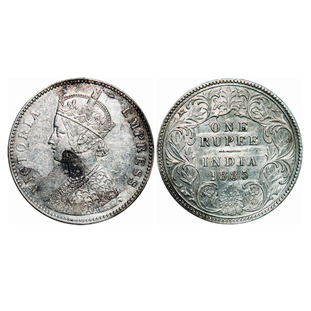 Victoria Empress, Silver, Rupee, 1885, Calcutta Mint, A1/I, 'C' incused, Top stroke of num