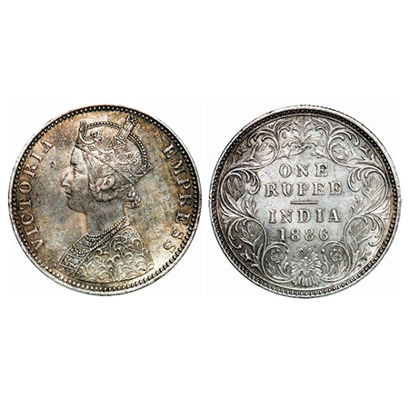 Victoria Empress, Silver, Rupee, 1886, Bombay Mint, C2/I, 'B' incused. GK 523. About Uncir
