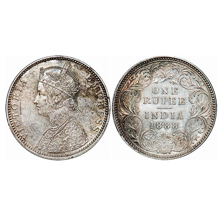 Victoria Empress, Silver, Rupee, 1888, Bombay Mint, C2/I, 'B' raised. GK 551. Almost Uncir