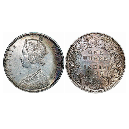 Victoria Empress, Silver, Rupee, 1890, Bombay Mint, C2/I, 'B' incused. GK 566. Almost Unci