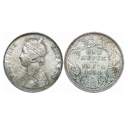 Victoria Empress, Silver, Rupee, 1891, Bombay Mint, C2/I, 'B' incused. GK 569. About Uncir