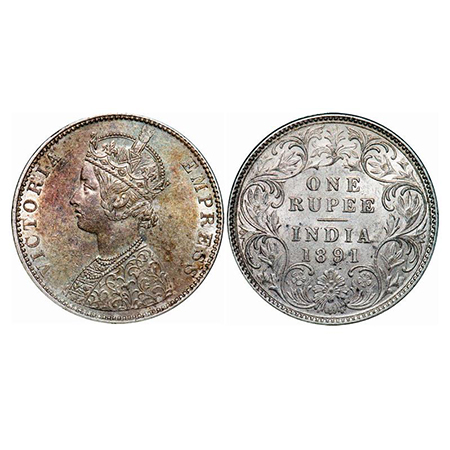 Victoria Empress, Silver, Rupee, 1891, Bombay Mint, C2/I, 'B' incused, Left bottom stroke 