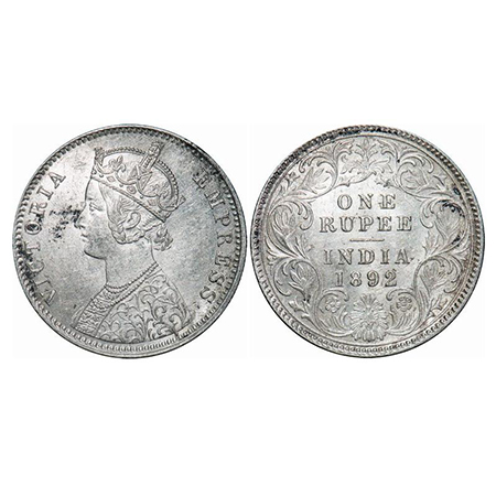 Victoria Empress, Silver, Rupee, 1892, Calcutta Mint, C3/I, 'C' incused. GK 576. Uncircula