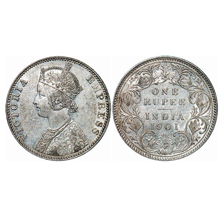 Victoria Empress, Silver, Rupee, 1901, Bombay Mint, A3(i)/I(ii), 'B' incused. GK 591. Extr
