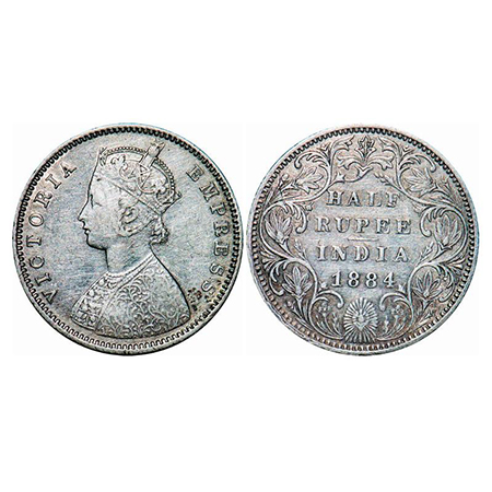 Victoria Empress, Silver, Half Rupee, 1884, Bombay Mint, A/II(i), No dot, Centre vertical 