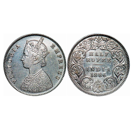 Victoria Empress, Silver, Half Rupee, 1886, Calcutta Mint, A/I, 'C' incused, Ghost on Obv 