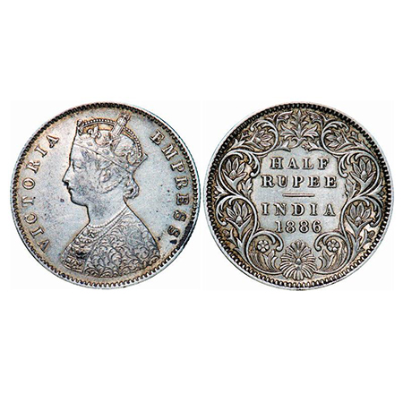 Victoria Empress, Silver, Half Rupee, 1886, Calcutta Mint, A/I, 'C' incused. GK 634. About
