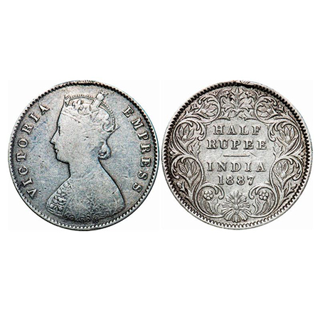 Victoria Empress, Silver, Half Rupee, 1887, Calcutta Mint, A/I, 'C' incused. GK 637. Fine.