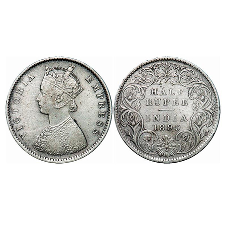 Victoria Empress, Silver, Half Rupee, 1899, Bombay Mint, A/I, 'B' incused, B incused inver