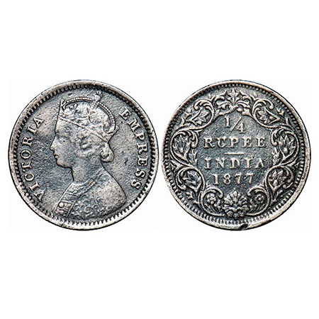 Victoria Empress, Silver, 1/4 Rupee, 1877, Bombay Mint, B/I, Dot. GK 671. Fine+, Cleaned. 