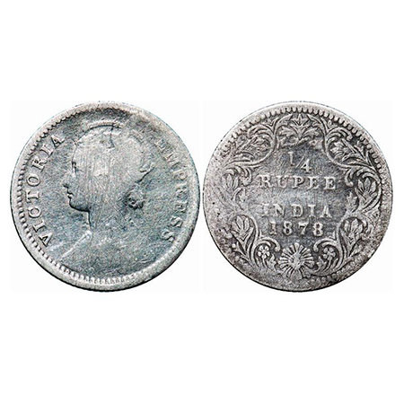 Victoria Empress, Silver, 1/4 Rupee, 1878, Calcutta Mint, C/II, No mint mark, No 'C'. GK 6