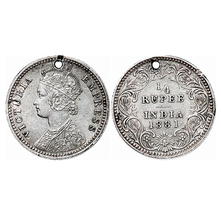 Victoria Empress, Silver, 1/4 Rupee, 1881, Calcutta Mint, C/II, 'C' incused, A hole on top