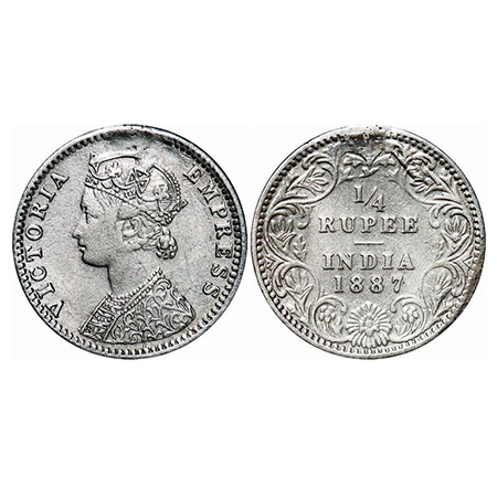Victoria Empress, Silver, 1/4 Rupee, 1887, Bombay Mint, C(i)/II, 'B' raised. GK 708. Ex-Mo