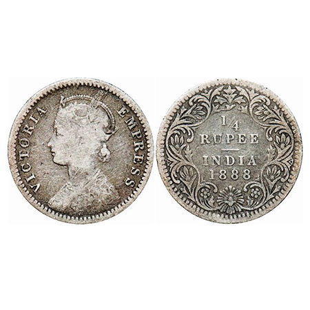 Victoria Empress, Silver, 1/4 Rupee, 1888, Calcutta Mint, C/II, No mint mark, No 'C'. GK 7