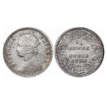 Victoria Empress, Silver, 1/4 Rupee, 1888, Calcutta Mint, C/II, No mint mark, No 'C'. GK 7