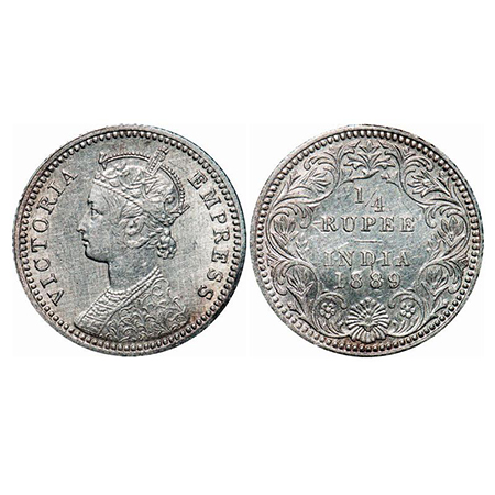 Victoria Empress, Silver, 1/4 Rupee, 1889, Calcutta Mint, C/II, 'C' incused, Ghost on Rev.