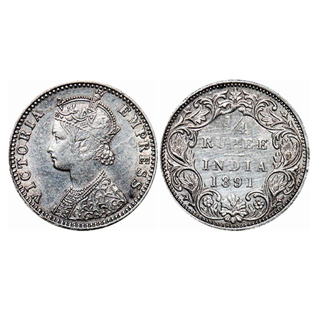 Victoria Empress, Silver, 1/4 Rupee, 1891, Bombay Mint, C(i)/I, 'B' incused. GK 720. Extre