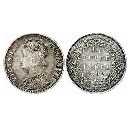 Victoria Empress, Silver, 1/4 Rupee, 1892, Bombay Mint, C(i)/I, 'B' incused. GK 722. Extre