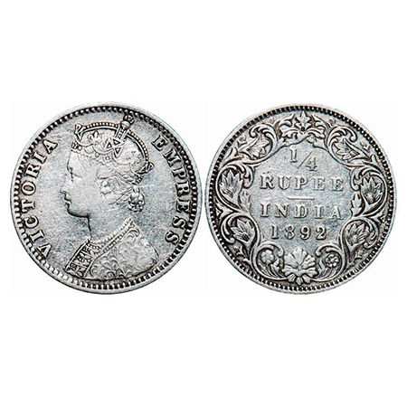 Victoria Empress, Silver, 1/4 Rupee, 1892, Bombay Mint, C(i)/I, 'B' incused. GK 722. Very 
