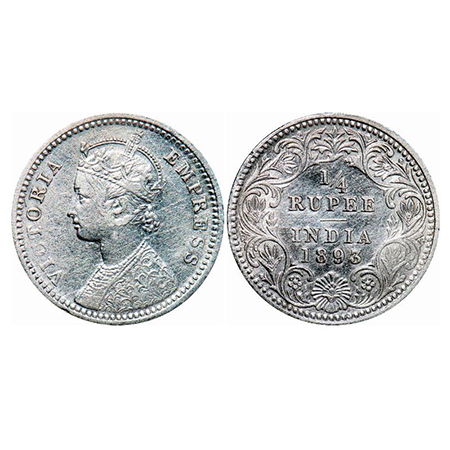 Victoria Empress, Silver, 1/4 Rupee, 1893, Calcutta Mint, C/II, 'C' incused. GK 725. Very 