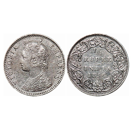Victoria Empress, Silver, 1/4 Rupee, 1894, Bombay Mint, C(i)/I, 'B' incused. GK 726. Extre