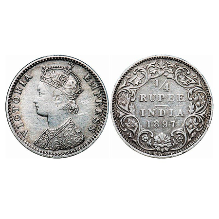 Victoria Empress, Silver, 1/4 Rupee, 1897, Bombay Mint, C(i)/I, 'B' incused. GK 731. Very 
