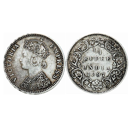 Victoria Empress, Silver, 1/4 Rupee, 1897, Bombay Mint, C(i)/I, 'B' incused. GK 731. Almos