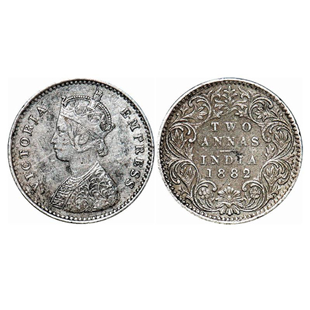 Victoria Empress, Silver, 2 Annas, 1882, Bombay Mint, A/I, Dot. GK 759. Extremely Fine. Ve