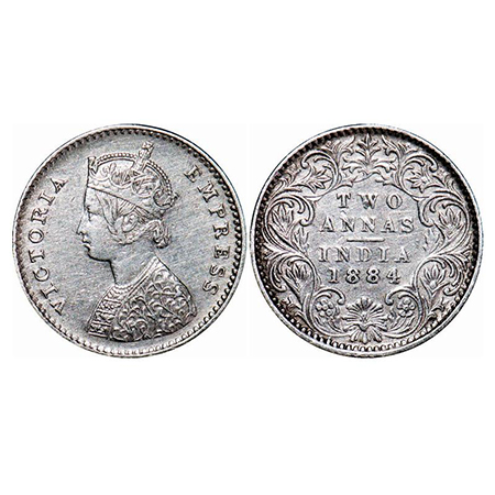 Victoria Empress, Silver, 2 Annas, 1884, Bombay Mint, A/I, No dot. GK 769. Extremely Fine+