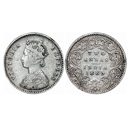 Victoria Empress, Silver, 2 Annas, 1885, Bombay Mint, A/I, 'B' raised. GK 777. Very Fine+.