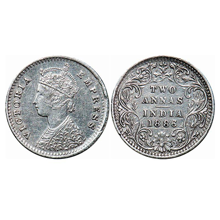 Victoria Empress, Silver, 2 Annas, 1886, Bombay Mint, B/II, 'B' incused. GK 781. Extremely