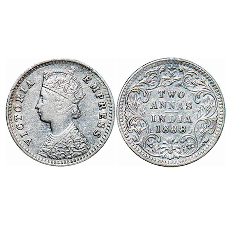 Victoria Empress, Silver, 2 Annas, 1888, Bombay Mint, B/II, 'B' incused. GK 785. Very Fine